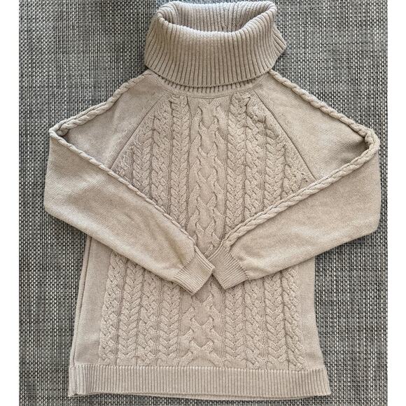 TOMMY BAHAMA Cotton Cable Knit Turtleneck Fisherman Sweater Beige Metallic Gold - Picture 1 of 5